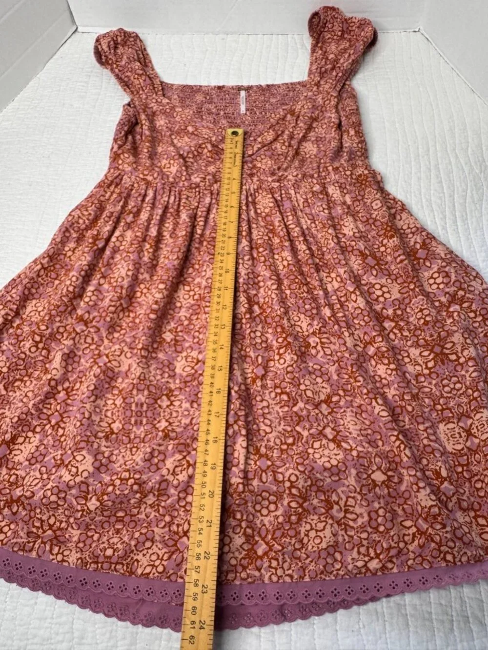 Free People Tabitha Babydoll Mini Dress Orange Pink SZ L Smocked Back Pockets - Picture 7 of 10